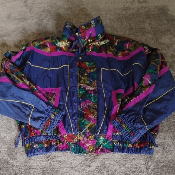 Vintage East West Jewel Tone Gold Trim Geometric Windbreaker Jacket - Picture 1 of 8